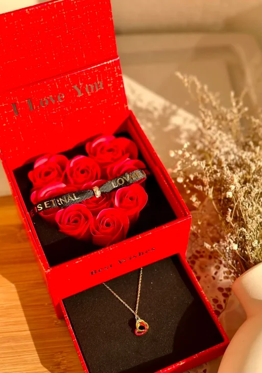 Red Gift Box with Double Heart Necklace & 9 Eternal Roses – Send Gifts to Nepal